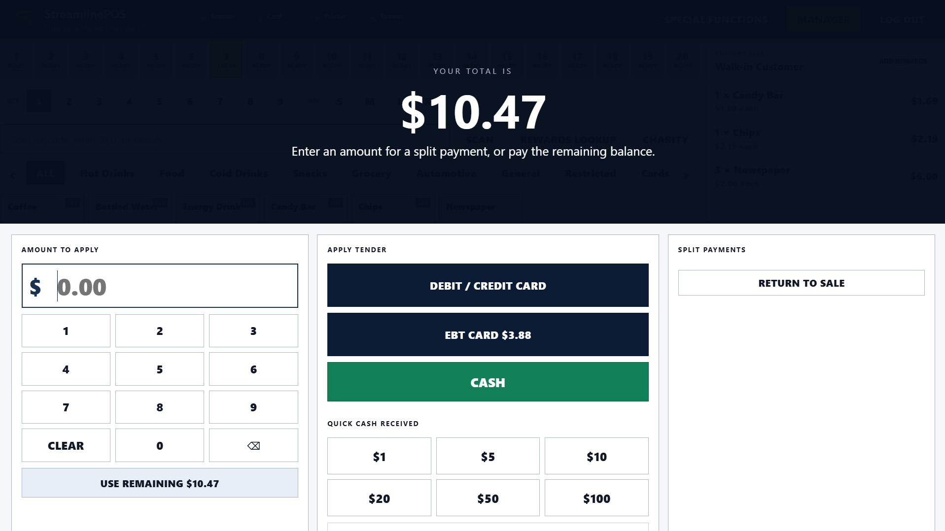 Streamline POS payment and split tender screen