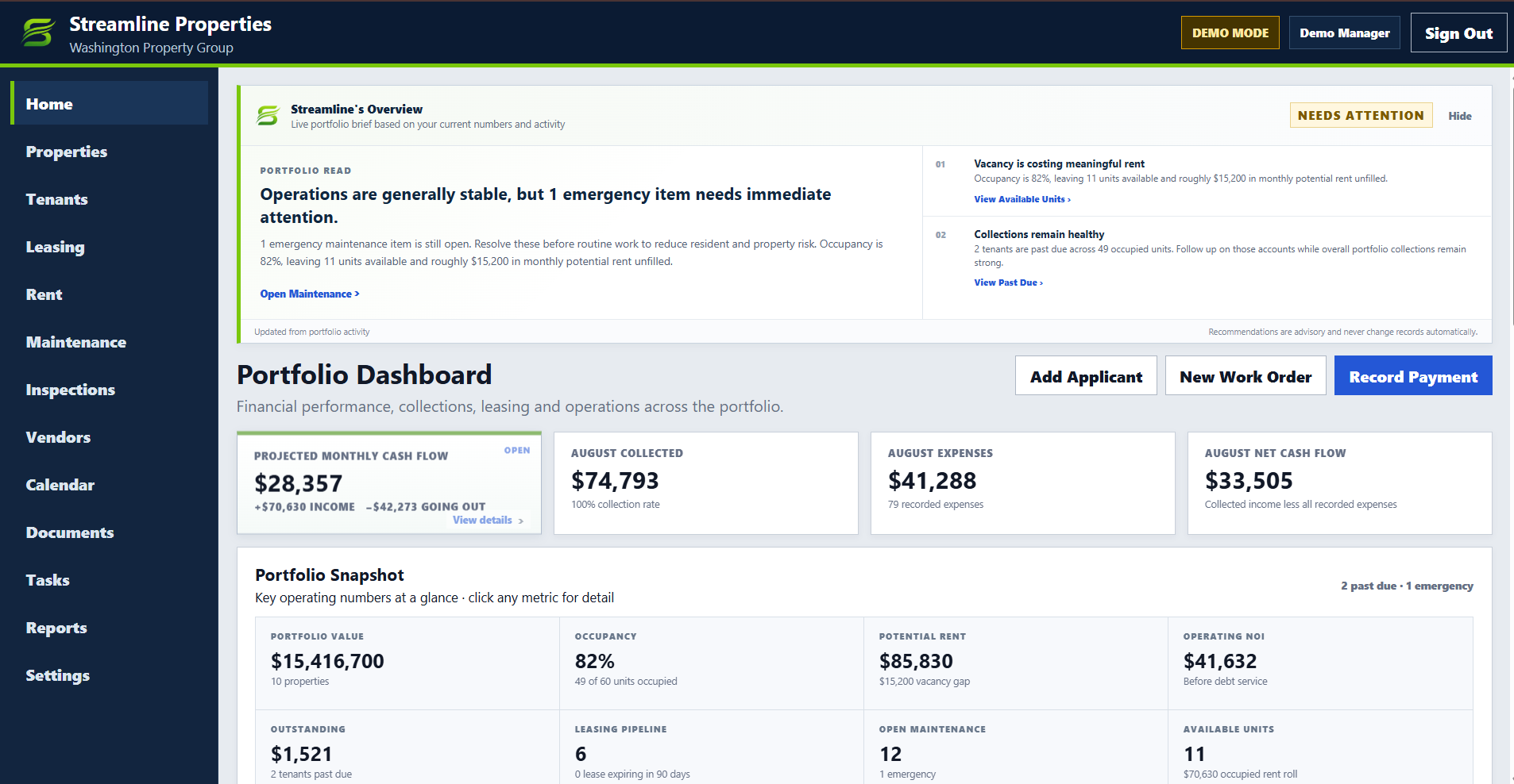 Streamline Properties portfolio dashboard